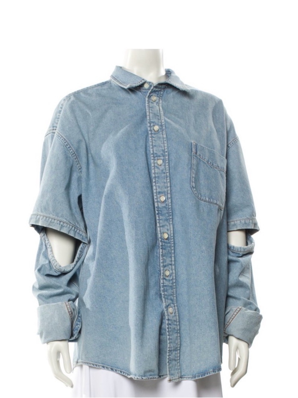 Balenciaga Light Blue Distressed Denim Button-Down Shirt